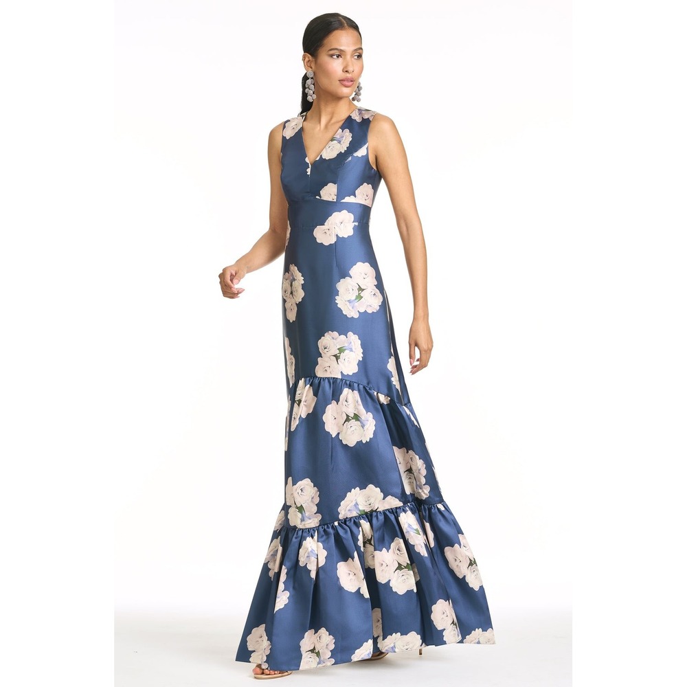 Sachin + Babi Navy and Cream Floral Satin Maxi Dress